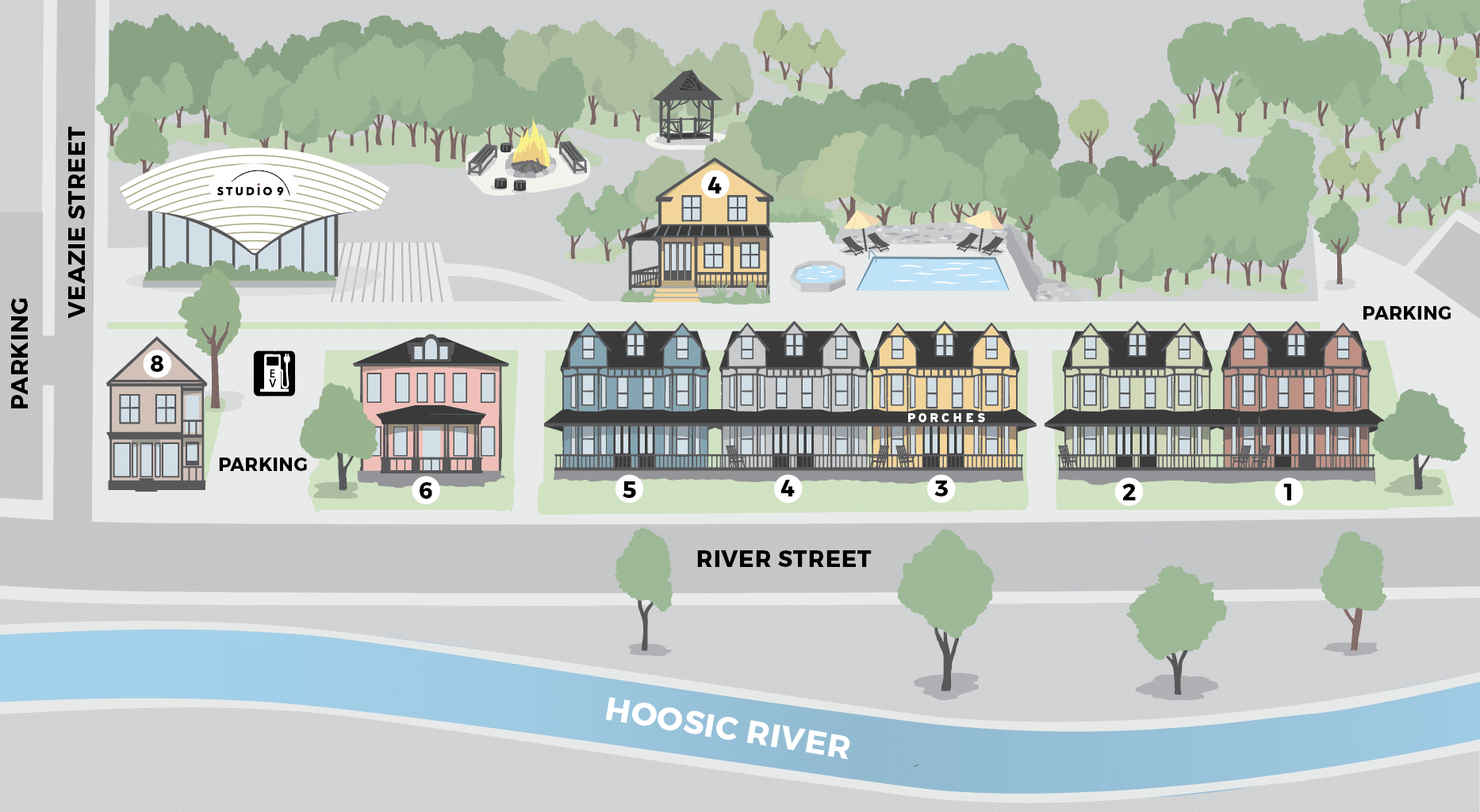 Illustration of a riverside community with diverse buildings, including hotels near North Adams Massachusetts, trees, a river labeled "Hoosic River," and designated parking areas.