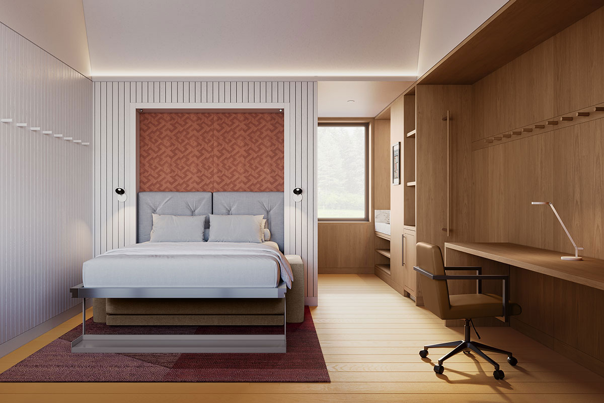 Modern bedroom with a double bed, built-in desk, office chair, window, and wooden floor and wall paneling.